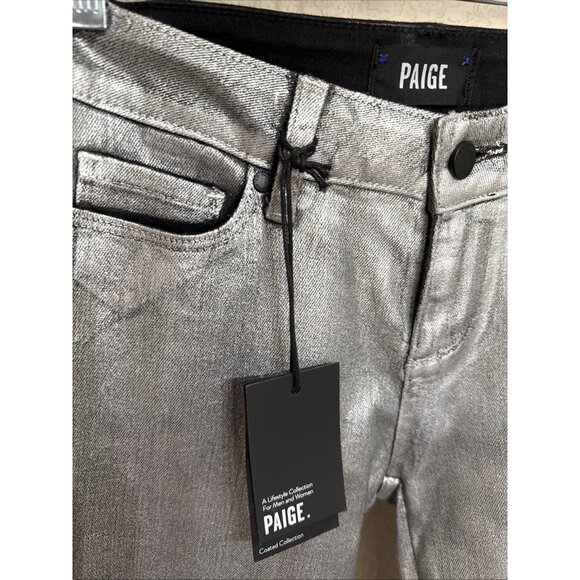 Paige Verdugo Ankle Skinny Coated Jeans size 26 NWT Metallic grey Mid Rise - Picture 2 of 8